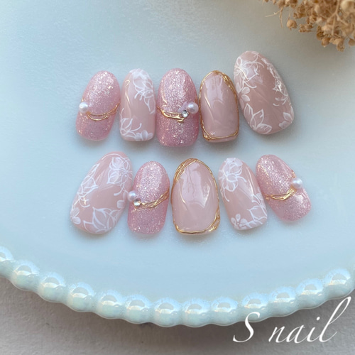 No.9】手書きフラワーネイル ネイルチップ（つけ爪） S nail