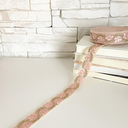 [ 259 ] ピンク 桃色 葉っぱ 幅:3cm インド刺繍 リボン 2枚目の画像