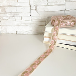 [ 259 ] ピンク 桃色 葉っぱ 幅:3cm インド刺繍 リボン 3枚目の画像
