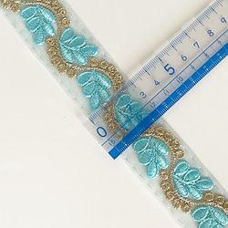 [ 266 ] ネオンブルー 葉っぱ 幅:3cm インド刺繍 リボン 5枚目の画像