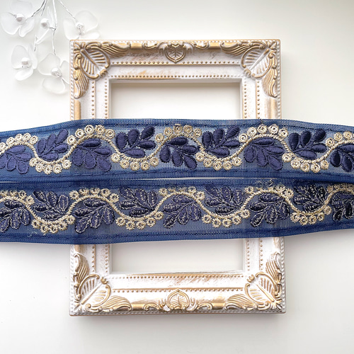 269 【 幅：3cm 】 インド刺繍リボン ネイビー チュール リボン