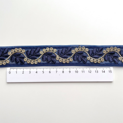 269 【 幅：3cm 】 インド刺繍リボン ネイビー チュール リボン
