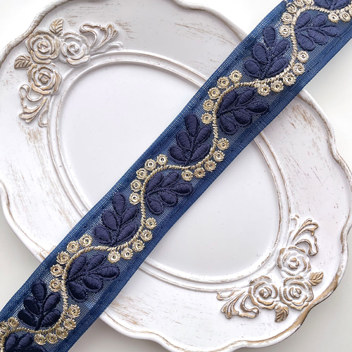269 【 幅：3cm 】 インド刺繍リボン ネイビー チュール リボン