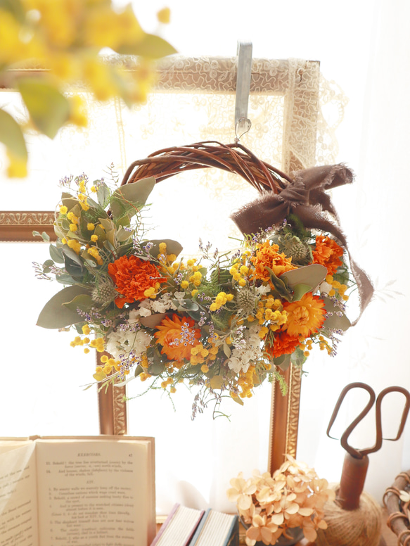 ドライフラワーリース ビタミンカラーの W28cm 前後の通販 by 花紡ぎ