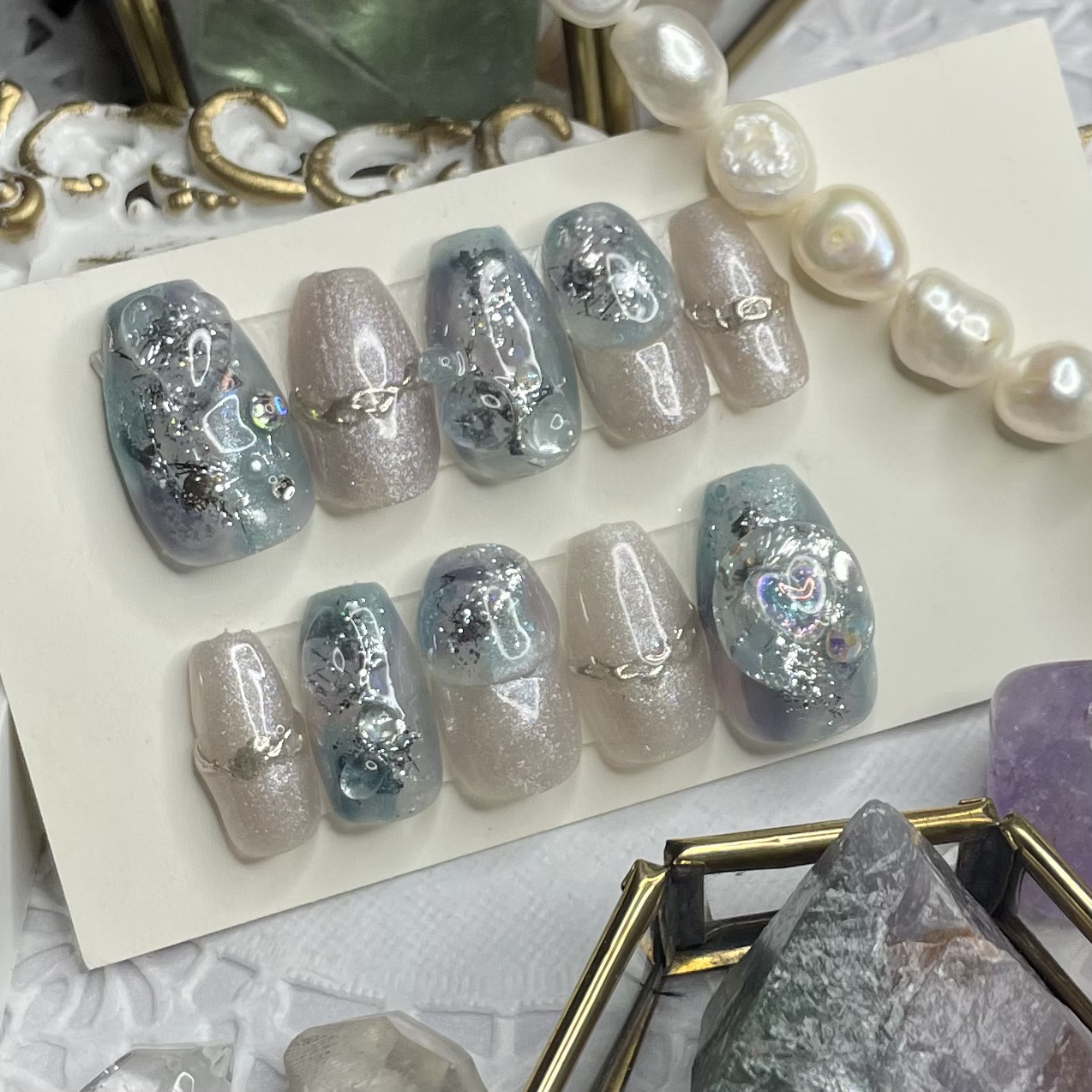 サイズオーダー♡梅雨の雫風ニュアンスネイルチップ ブルー×つや order  