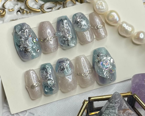サイズオーダー♡梅雨の雫風ニュアンスネイルチップブルー×つや