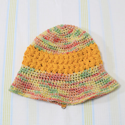 サマーニット帽　手編みのバケットハット　かぎ針編み　夏糸　クロッシェ　帽子　サフランイエロー　メンズ　レディース 3枚目の画像