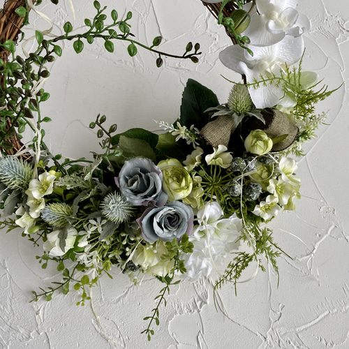 白とグリーンの爽やか夏リース アーティフィシャルフラワー 造花