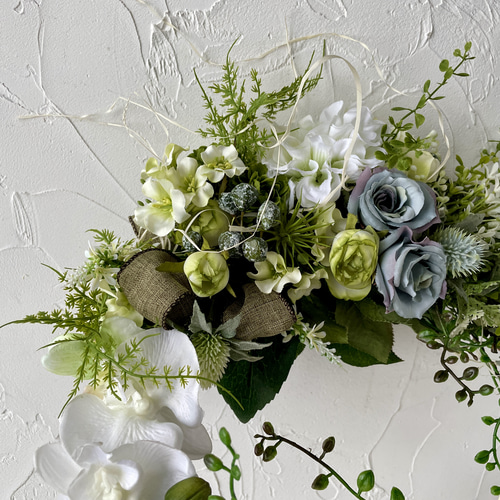 白とグリーンの爽やか夏リース アーティフィシャルフラワー 造花