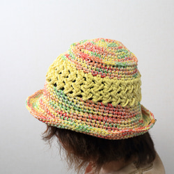 サマーニット帽　手編みのバケットハット　かぎ針編み　夏糸　クロッシェ　帽子　レモンイエロー　メンズ　レディース 2枚目の画像