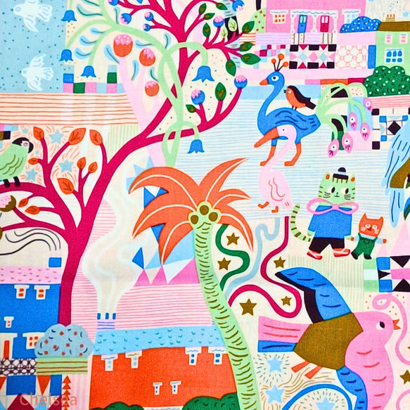110×60cm　森の猫と鳥　青　ピンク　輸入 生地　フリースピリット　猫柄　カラフル　US 1枚目の画像