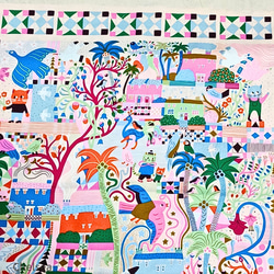 110×60cm　森の猫と鳥　青　ピンク　輸入 生地　フリースピリット　猫柄　カラフル　US 2枚目の画像