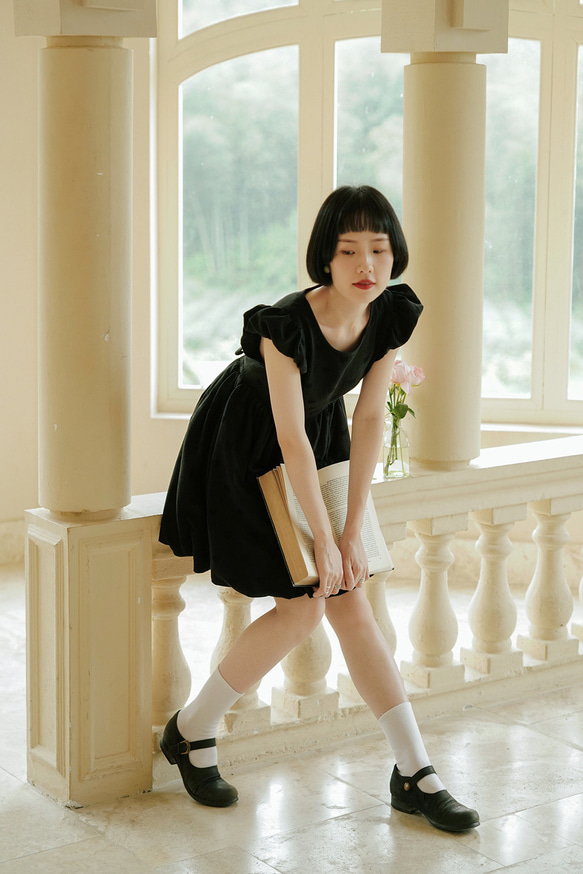 黑色 雲朵花苞蓬蓬洋裝 短袖夏季短裙飛飛袖百褶裙 小個子連身裙 第6張的照片