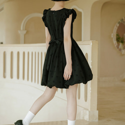 黑色 雲朵花苞蓬蓬洋裝 短袖夏季短裙飛飛袖百褶裙 小個子連身裙 第12張的照片