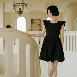 黑色 雲朵花苞蓬蓬洋裝 短袖夏季短裙飛飛袖百褶裙 小個子連身裙 第10張的照片
