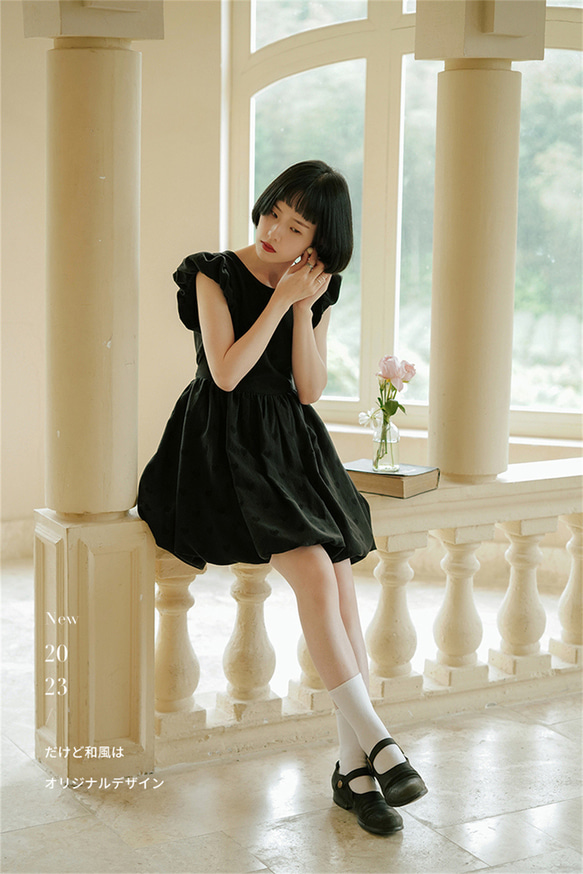 黑色 雲朵花苞蓬蓬洋裝 短袖夏季短裙飛飛袖百褶裙 小個子連身裙 第1張的照片