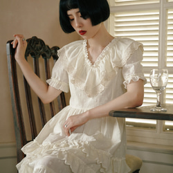 奶油杏色 法式古董娃娃洋裝 短袖夏季荷葉邊蓬蓬蛋糕裙子連身裙 第10張的照片