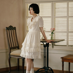 奶油杏色 法式古董娃娃洋裝 短袖夏季荷葉邊蓬蓬蛋糕裙子連身裙 第7張的照片