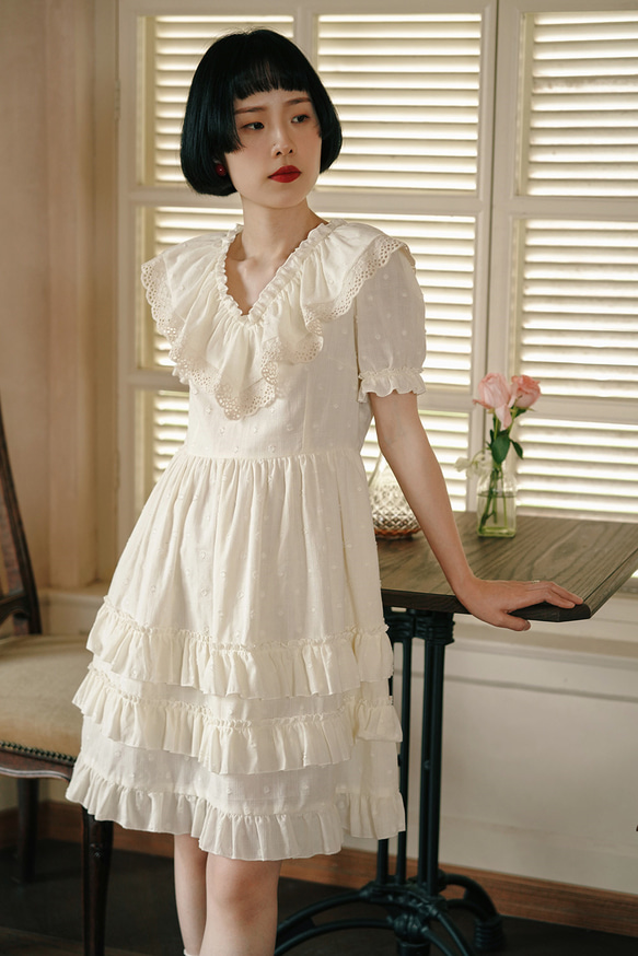奶油杏色 法式古董娃娃洋裝 短袖夏季荷葉邊蓬蓬蛋糕裙子連身裙 第13張的照片