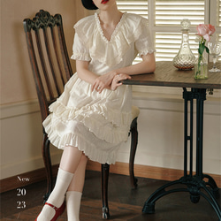 奶油杏色 法式古董娃娃洋裝 短袖夏季荷葉邊蓬蓬蛋糕裙子連身裙 第1張的照片