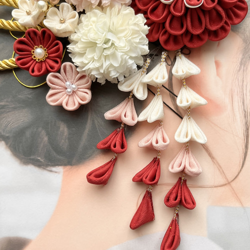 85 和装 髪飾り 受注制作 赤 ピンク つまみ細工 結婚式 成人式 七五三