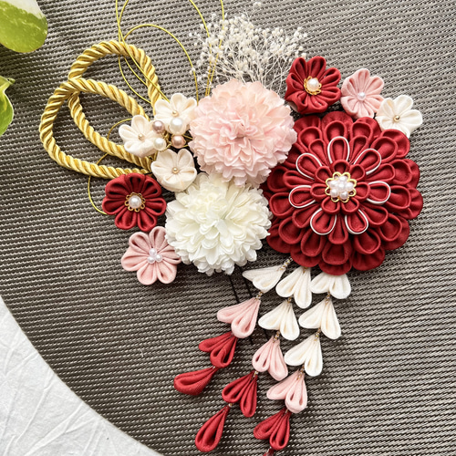 85 和装 髪飾り 受注制作 赤 ピンク つまみ細工 結婚式 成人式 七五三