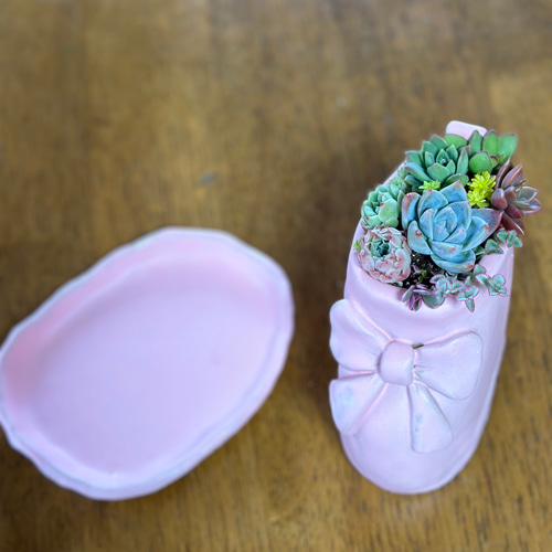 手作り陶器のピンク長靴植木鉢&受け皿セット その他インテリア雑貨