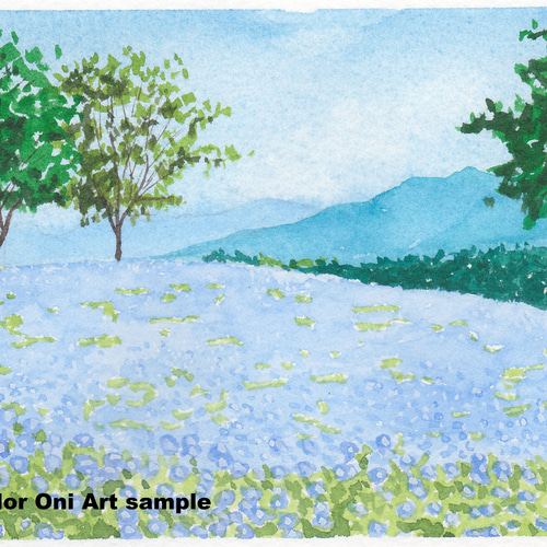 ネモフィラの丘03」透明水彩画 原画 風景画 額縁付 ハガキ ネモフィラの丘03」透明水彩画 原画 風景画 額縁付 ハガキ