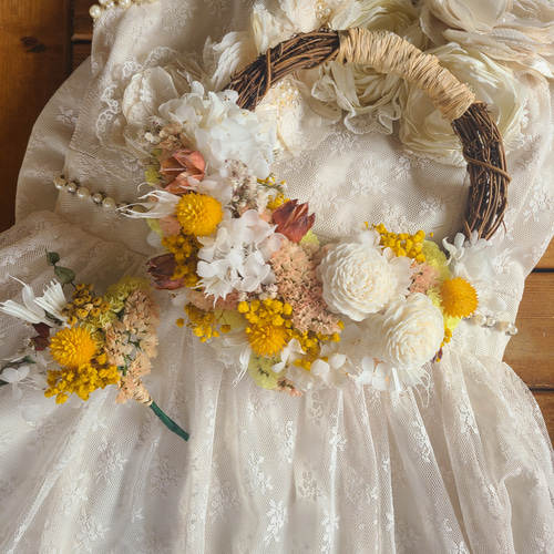 ドライフラワーのリースブーケ&ブートニアセット ドライフラワーリースブーケとブートニア～stay with me forever