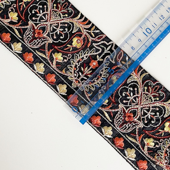[ 279 ] 黒 オレンジ 花柄 幅:7.5cm インド刺繍 リボン 5枚目の画像