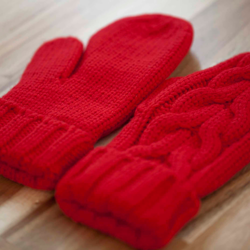 あたたかい・手編み ウール手袋・ミトン＊赤 レッド＊裏フリース