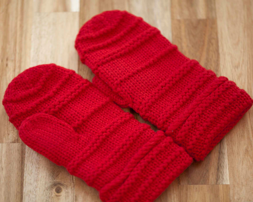 あたたかい・手編み ウール手袋・ミトン＊赤 レッド＊裏フリース