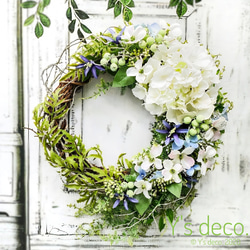 紫陽花と小花のリース 白とすみれ色のミニリース 上品 紫陽花ふわふわ プリザーブドフラワー