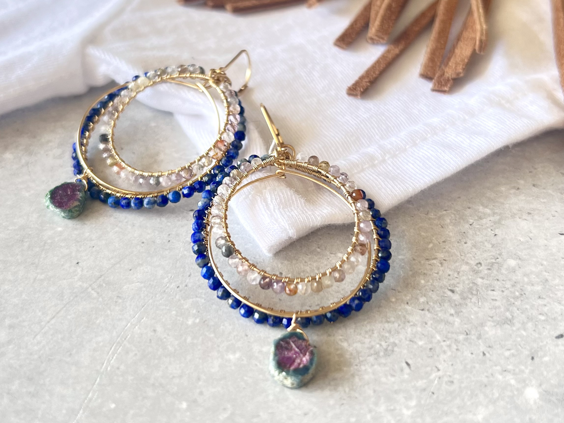 【再販】フープ 着せ替えチャーム/ピアス/イヤリング【ラピスラズリ＆ルビーインゾイサイト】14kgf エスニック ブルー