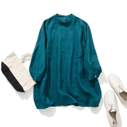 天然紋理亞麻襯衫，長袖襯衫，束腰外衣，孔雀藍 230513-3 第1張的照片