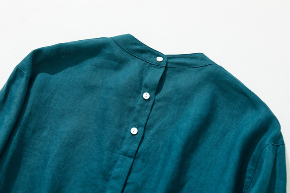 天然紋理亞麻襯衫，長袖襯衫，束腰外衣，孔雀藍 230513-3 第10張的照片