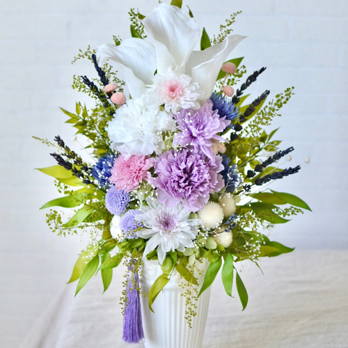 ブリザードフラワーアレンジ☆パープルピンク☆お仏花タイプ　ラッピングします♪ ブリザードフラワーアレンジ☆パープルピンク☆プレゼント用に