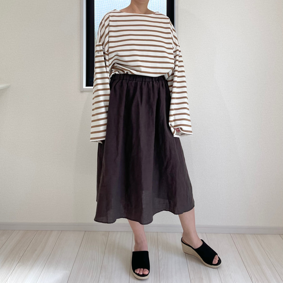 【春～秋まで活躍】リネン100% フレアスカート シンプルで着回しやすい リネンスカート (ネイビー) 5枚目の画像