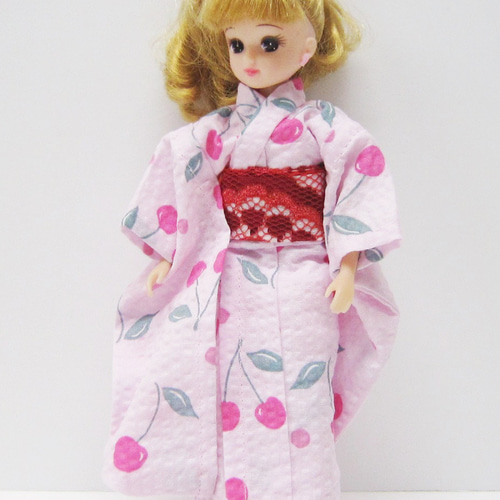 リカちゃん用着せ替え服】さくらんぼ柄・ピンク・振袖・帯セット・浴衣