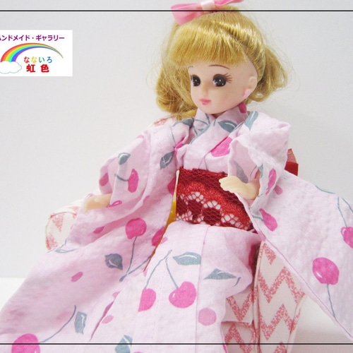 リカちゃん用着せ替え服】さくらんぼ柄・ピンク・振袖・帯セット・浴衣