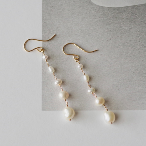 再販14kgf *淡水パール ロングピアスorイヤリング/誕生石/揺れる  