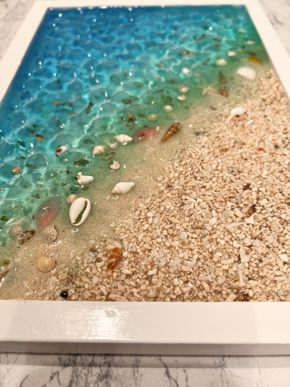 オーダー品　波紋アートパネル 古宇利島 グラデーション 海 レジン エポキシ サンゴ 砂浜 貝殻  天然石 4枚目の画像
