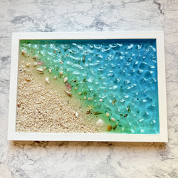オーダー品　波紋アートパネル 古宇利島 グラデーション 海 レジン エポキシ サンゴ 砂浜 貝殻  天然石 1枚目の画像