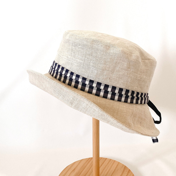 国産リネン100%✳︎軽くて涼しい帽子✳︎二重に巻いたリボン紐のバケットハット【選べるサイズ受注生産】レディース帽子 2枚目の画像