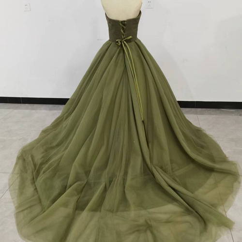 高品質！カラードレス グリーン ベアトップ トレーン ビスチェドレス  