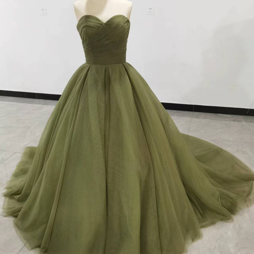 高品質！カラードレス グリーン ベアトップ トレーン ビスチェドレス  