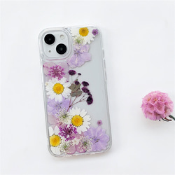 『かすみ草＆紫陽花』iPhone14Pro/SE/Xperia10IV/GALAXYS23 スマホリング 押し花ケース 2枚目の画像