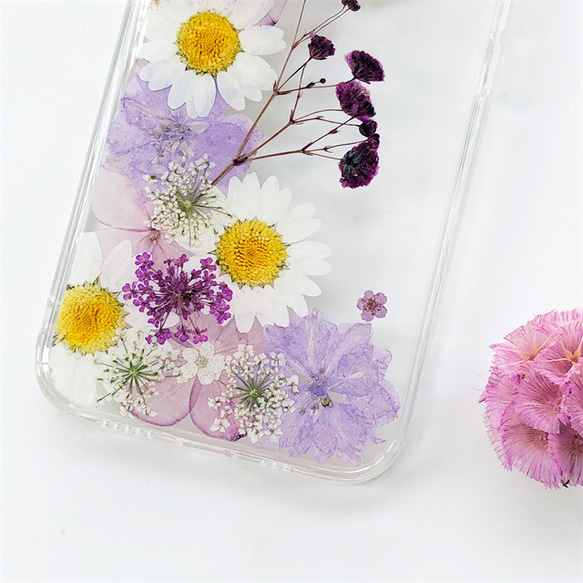 『かすみ草＆紫陽花』iPhone14Pro/SE/Xperia10IV/GALAXYS23 スマホリング 押し花ケース 5枚目の画像