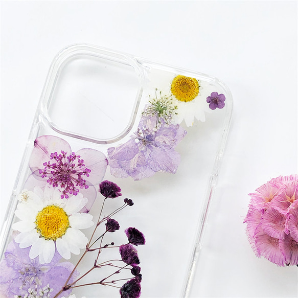 『かすみ草＆紫陽花』iPhone14Pro/SE/Xperia10IV/GALAXYS23 スマホリング 押し花ケース 4枚目の画像