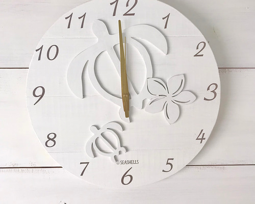 ホヌの親子デザイン プルメリアのウッド壁掛け時計 ハワイアン海亀の